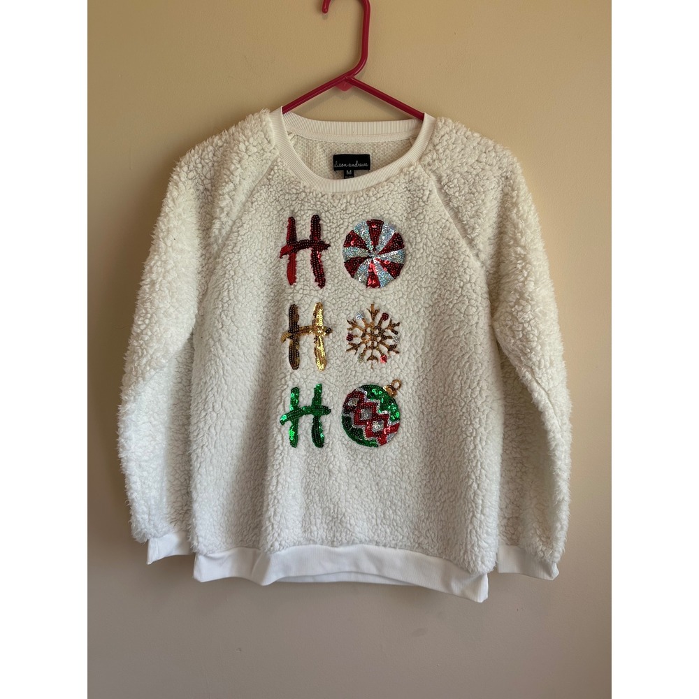 Alison Andrews Ho Ho Ho Christmas Faux Fur Sherpa Sequin Sweater White Medium